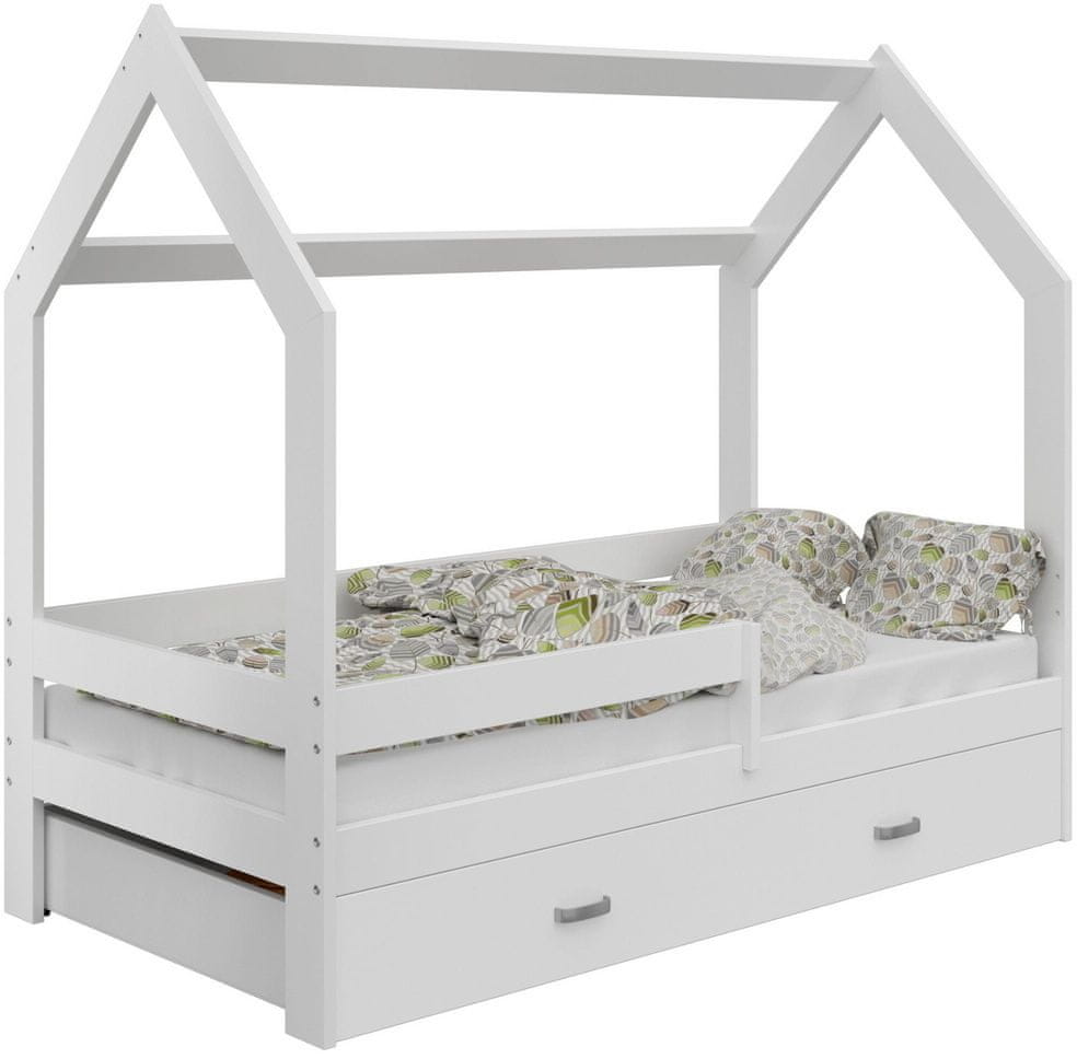 eoshop Detská posteľ Domček 80x160 cm D3, rošt ZADARMO - biela, zábrana: biela, úlož. jednoducho: biela, matracu: bez matraca